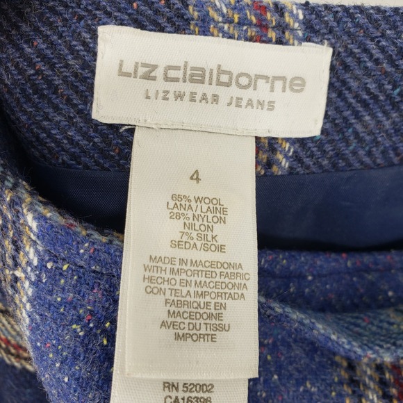 Vintage 90s Liz Claiborne Plaid Wool Skirt Sz 4 Blue Wrap Fringe Trim Tweed Mini - Picture 7 of 8